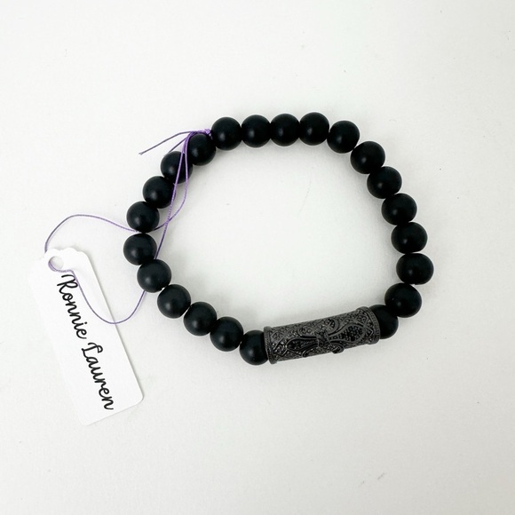 NWT Genuine Black Onyx & Metallic Bead Bracelet Men's Black - Picture 3 of 3